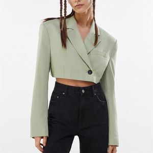 Women Summer Casual Short Blazers Coats ZA Solid Long Sleeve Single Button Female Fashion Street Slim Blazer Outerwear 210513