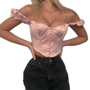 Kvinnor T-shirt Anti-Silk Short Exposed Navel Low-Cut Bröst Big Open V-Neck Solid Färg Butterfly Sleeve Top 210522
