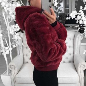 Faux Pelz Frauen Mantel mit Kapuze Hohe Taille Mode Schlank Schwarz Rot Jacke Gefälschte Kaninchen Mäntel 211220