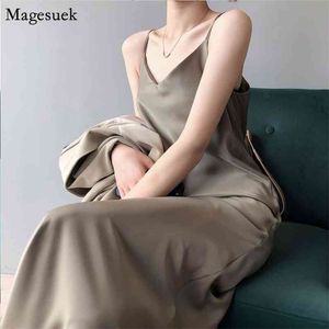 Backless Solid Satin Women's Dress Summer V-neck Sexy Sling Female Sleeveless Party Long Woman es Vestidos 13586 210512