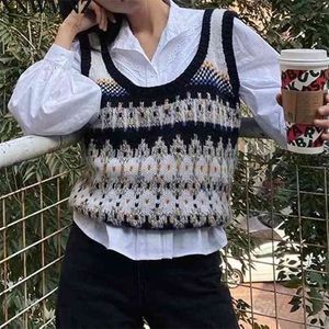 Kobiety Vintage Dwumiony Diament Sprawdź Kamizelkę Dzianiny Sweter Casual Bez Rękawów Chic Waistcoat Kobieta 210520