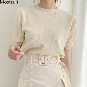 Korean Knitted Solid Women Tunics T Shirts Tops Summer Short Sleeve O-neck Pullovers Tees Elegant Fashion Ladies T-shirts 210513