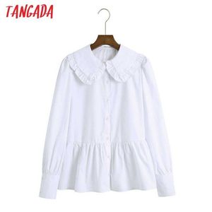 Tangada Kadınlar Ruffles Beyaz Gömlek Uzun Kollu Katı Peter Pan Yaka Zarif Kadın Bluzlar 6Z56 210609