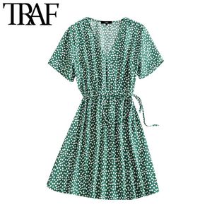 TRAF Women Chic Fashion Floral Print Pleated Mini Dress Vintage V Neck Short Sleeve Side Bow Tied Female Dresses Mujer 210415