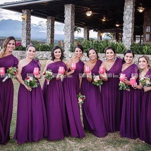Fioletowe sukienki druhny jedno ramię szyfon plus niestandardowy podłoga długość podłogi ruche plisowane PEAM Of Honor suknia plażowa gościnna impreza noszenie vestidos