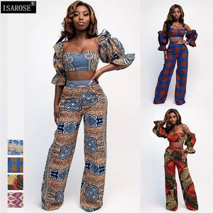 Isarose Moda Baskılı Pantolon Setleri DIY Giyen Afrika Stil Kırpılmış Üstleri Geniş Bacak Pantolon Puf Kollu Artı Boyutu Streç Giysileri 210422