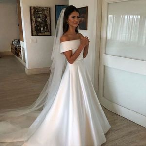 Simple Satin A Line Wedding Dress Bateau Neck Short Sleeve Boho White Bridal Gowns Robe De Mariee Vestido Plus Size Bride Dresses 2022