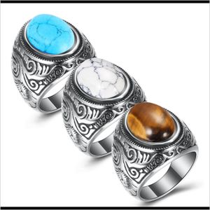 Solitaire ringar dropp leverans 2021 Retro sier rostfritt för man turkos titan stål mens ring europeiska och amerikanska smycken l1nqg