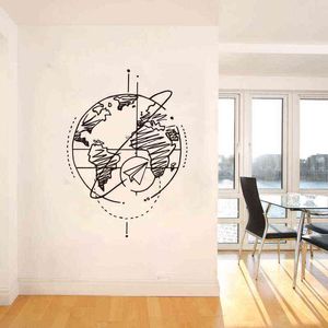 Large Drawing earth and paper plane Wall Sticker Office Classroom Earth Global World Map Wall Decal Bedroom Kids Room Vinyl Deco 211112