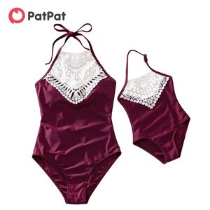 Summer Lace Splice Solid Vin Röd Halter Straps Swimsuits 210528