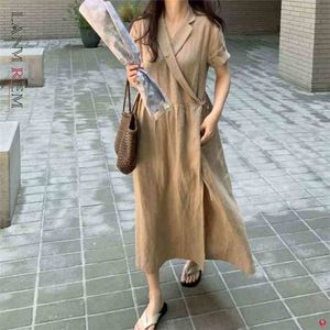 夏の韓国の中長い緩い綿の麻半袖ドレス女性のカジュアルストリートウェア服2D1671 210526