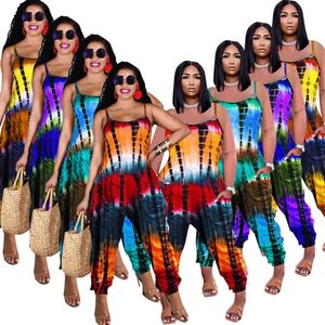 Women Sexy Sling Jumpsuits Designer Tie Dye Print Loose Suspenders Shorts Sports Rompers With Pockets Nightclub Overalls Pants