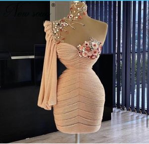 Short Prom Dresses With High Neck Flowers Beads Pick Ups One Shoulder Evening Gowns Custom Made Yong Girls Formal Cocktail Party Dress For Birthday