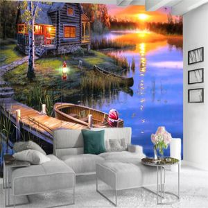 3Dの壁紙美しい湖木製の家の景色の下の夕日のリビングルームの寝室の絵画壁画壁紙