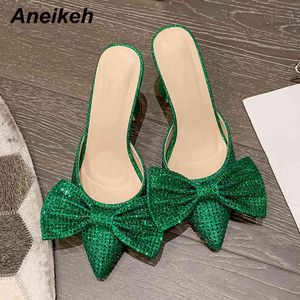 Fashion Spring/Autumn Women Shoe Spike Heels Pump Party Novelty Butterfly-Knot PU Mules Pointed Toe Polka Slip-On 210507