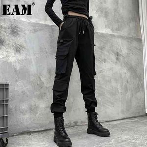 [EAM] Svarta fickor hög elastisk midja lång harem byxor lös passform byxa mode våren hösten 1dd2683 210915