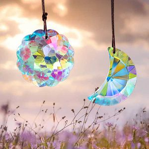 H&D Set 2pcs Hanging Crystals AB-Color Mandala & Crescent Moon Prism Suncatchers for Home Window Decoration Chandelier Parts DIY Q0811