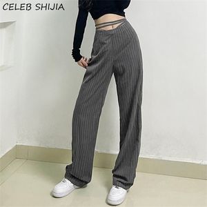 SHIJIA Bandage Waist Striped Pants Woman Gray High Waisted Bottom Woman Straight Pants Spring Summer Korean Y2k Pants Female Q0801