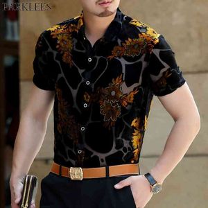 豪華なゴールドの花の刺繍の男性レースシャツ透明なセクシーなメンズドレスシャツのシャツパーティー草の男性クラブウェアシャツ3xl 210522