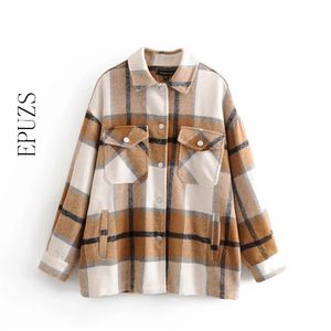 Winter jacket women Khaki green plaid coat long sleeve thick coats and jackets casual office outwear chaqueta mujer 210521