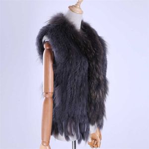 Märke Kvinnors Lady Äkta äkta Stickad Kanin Fur Västar Tassels Raccoon Fur Trimming Collar Waistcoat Fur Ärmlös Gilet 210927