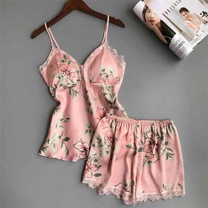 Spaghetti Strap Printing Lace Sexy Women Pajamas V-Neck With Pad Female Summer Pajama Set Fashion Sleepwear 210809