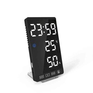 6Inch Mirror LED Alarm Clock Touch Button Digital LED Clock Time Temperature Humidity Display With USB Cable Table Clock 211111