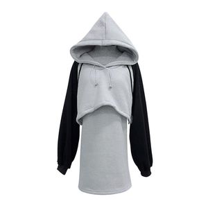 Women Hoodies Fleece Mini Short Dress Set Gray Blue Brown Long Sleeve Sport Hooded 2 Two Pieces T0074 210514