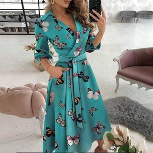 Kobiety V-Neck Sexy Dresses Elegancki Z Długim Rękawem Lace Up Wrap Midi Dress Summer Biuro Lady Party Vestidos 210526