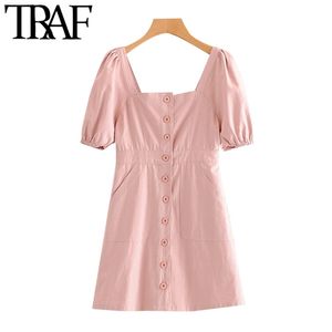 Women Sweet Fashion Button-up Solid Mini Dress Vintage Square Collar Puff Sleeves Female Dresses Vestidos Mujer 210507