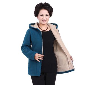 Vår Höst Kvinnor Fleece Jacka 2021Plus Storlek 5XL Mormor Plus Velvet Hooded Sweatshirt Bomull Varm Vinter Jacka Coat W1422 Y0820