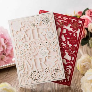 50Pcs White Red Laser Cut MR And MRS Marriage Wedding Invitation Card Hollow Customized Printing Invitation Card Party Supplies SH190923
