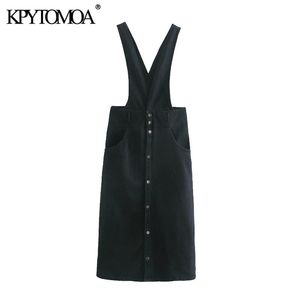 Women Fashion Button-up Denim Suspender Midi Dress Vintage Backless Side Pockets Straps Female Dresses Mujer 210416
