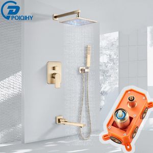 Wholesale rotate brush for sale - Group buy Brushed Gold Shower Faucet LED Light Rainfall Bath Set Concealed Bathroom Mixers Rotate Spout Brass Head Sets