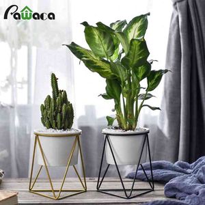 Estilo Nórdico Estilo Geométrico Suporte de Metal Carrinho com Plantador Cerâmica Desktop Jardim Pote para Plantas Sucultas Decoração Home 210401