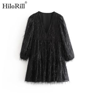 Women Mini Dress Long Sleeve V Neck Solid Tassel Party Casual Loose Pleated Short Female Christmas 210508