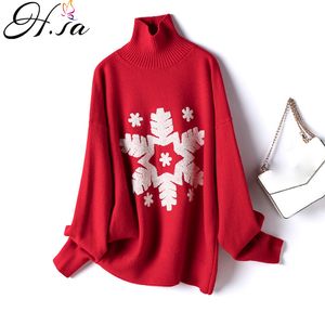 H.SA Vinter Spring Kvinnor Jultröja och Pullovers Turtleneck Warm Tjock Knitwear Snowflake Pull Femme Stickade Jumpers 210417