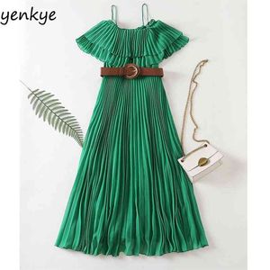 Green Pleated Dress Women Sexy Shoulder Off Sling Elegant Long Lady Short Sleeve With Belt Summer Chiffon vestido 210514