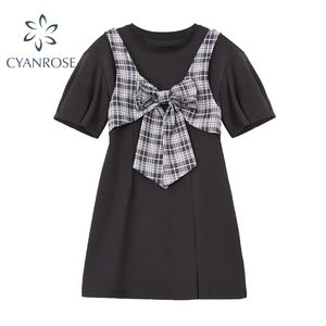 Summer Big Bow Patchwork Puff Short Sleeve Women's Mini Dress Black Preppy Style Korean Vintage Elegant Mori Girl Dresses 210515