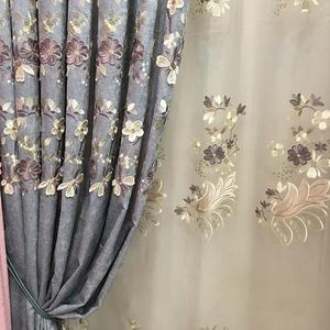 European Blue And Gray Blackout Curtains Chenille Flower Embossed For Living Room Bedroom Study Tulle Custom Curtain & Drapes