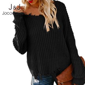 Jocoo Jolee Herbst und Winter Mode Langarm V-ausschnitt Solide Backless Lose Damen Pullover Sexy Crop Tops Pullover Jumper 210518