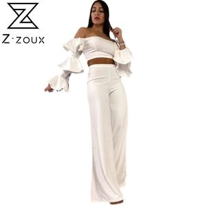 Women Pant Sets Slash Neck Crop Top High Waist Loose Casual Wide Leg Pants Sexy Two Piece Plus Size 2Piece Suits 210524