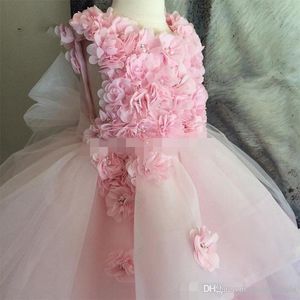 Lovely Kid Birthday Dresses Jewel Neck Sleeveless Lace Appliques Satin Baby Girls Prom Gown for Wedding