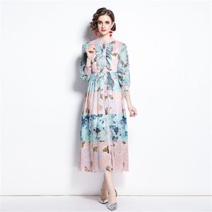 Summer Women Ruffled Lantern Sleeve Chiffon Dress Stand Collar Loose Floral Printed Button Down Beach Maxi Dresses Sexy Vestidos 210603