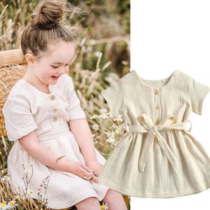 INS Summer Kids Girl Casual Short sleeved Dress with Belt Fashion Cotton Solid Color Button V neck Children Princess