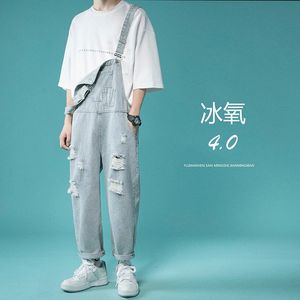 Moda solta macacão homens rasgados denim estilo coreano em linha reta suspender calça jeans casuais calças casuais