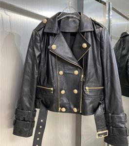 Designers Märke Design Kvinnor Höst Svart Äkta Läder Jackor Zipper Basic Coat Dubbelbröst Sheepskin Motorbikerjacka