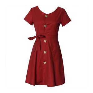 PERHAPS U Red V Neck Short Sleeve Mini Dress Heart Button Summer D1084 210529