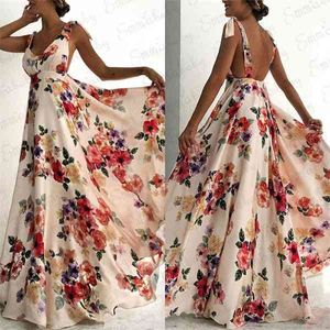 Fashion Summer Women Boho Long Maxi Dress Backless Sleeveless V Neck Flower Dress Evening Party Beach Dresses Sundress X0705