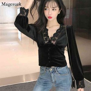 Autumn Silk Shirt Women V-neck Retro Lace Blouse Solid Pleuche Sexy Tops Puff Sleeve Office Lady Blouses 10563 210512